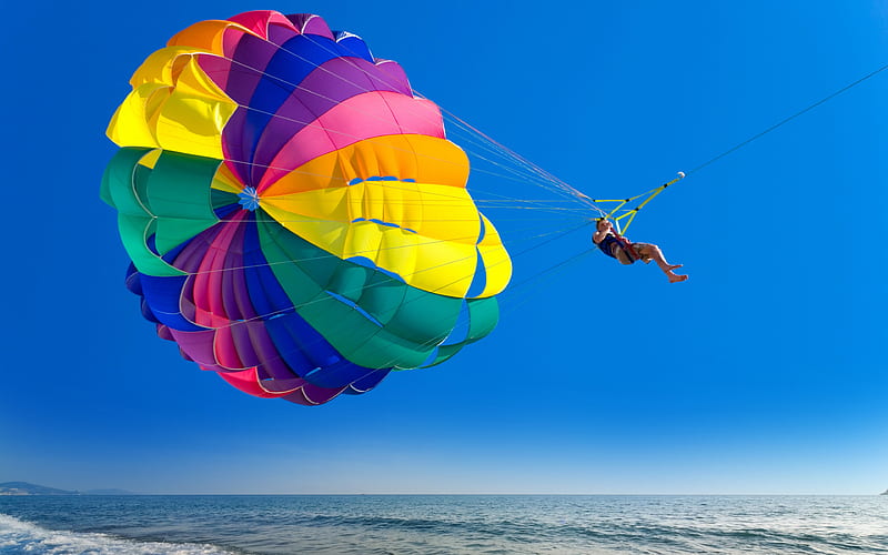 Parasailing, skating with parachute, ocean, coast, summer, extreme entertainment, Bora Bora, French Polynesia, Pacific Ocean, summer travel, vacation, HD wallpaper