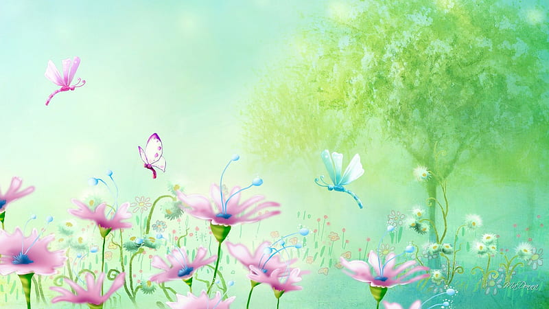 Springtime Happiness, flowers, wild flowers, soft, butterflies, spring, tree, dragonflies, papillon, flowers, garden, pastel, field, HD wallpaper