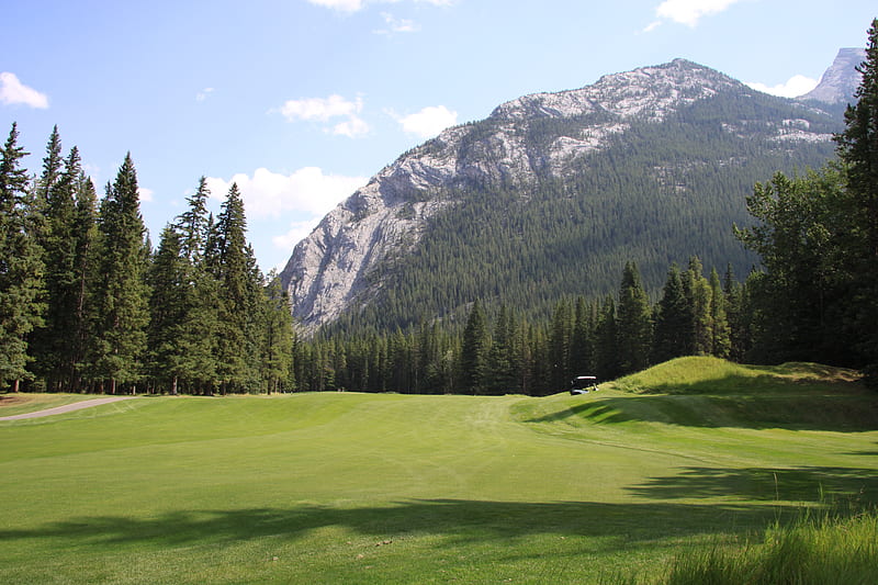 Mountains & tall trees in Banff Alberta National Park 20, banff, trees, sky, clouds, graphy, green, golf course, mountains, nature, majestic, white, blue, HD wallpaper