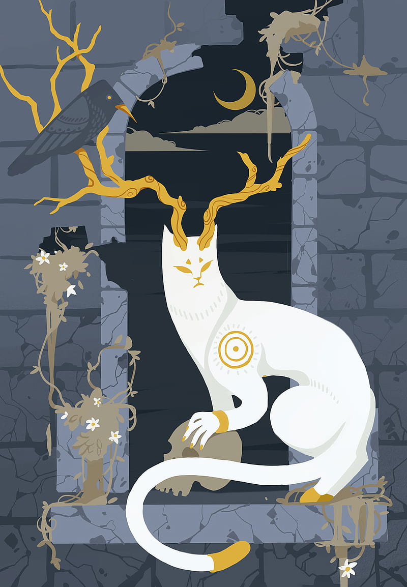 Anna Marukhnich, illustration, cats, window, night, skull, horns, crow, Moon, castle, HD phone wallpaper