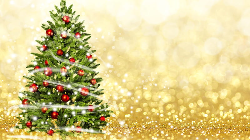 Christmas Tree With Red Decoration Balls In Golden Bokeh Background Christmas Tree, HD wallpaper