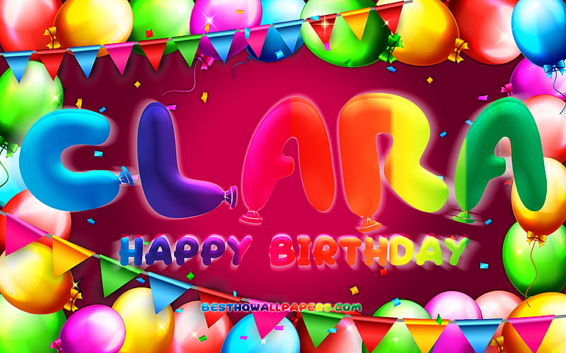 Happy Birtay Clara colorful balloon frame, Clara name, purple background, Clara Happy Birtay, Clara Birtay, popular german female names, Birtay concept, Clara, HD wallpaper
