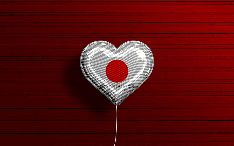 I Love Japan realistic balloons, red wooden background, Asian countries, Japanese flag heart, favorite countries, flag of Japan, balloon with flag, Japanese flag, japan, Love Japan, HD wallpaper