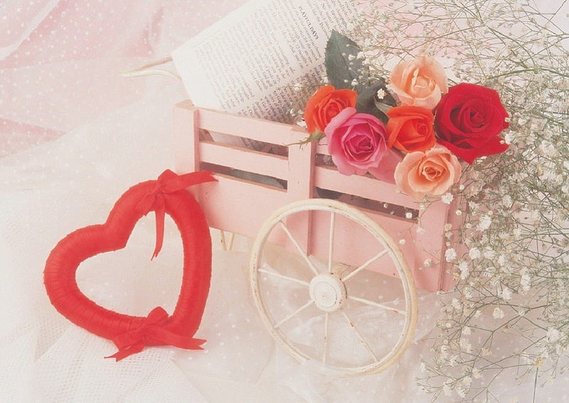 Valentine flowers carriage, still life, flowers, abstract, carriage, HD wallpaper