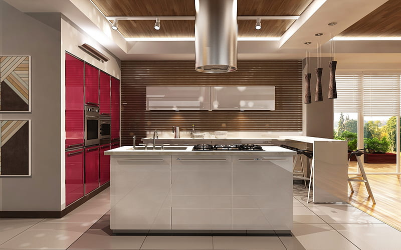 modern kitchen design, minimalism, glossy surfaces, modern interior, HD wallpaper