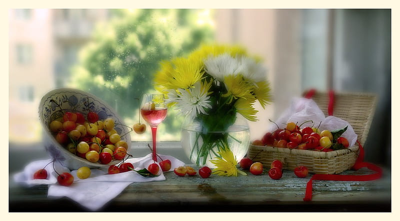 still life, pretty, chrysanthemum, cherries, vase, bonito, drops, fruit, graphy, nice, gentle, flowers, drink, harmony, lovely, ribbon, soft, elegantly, glass, water, cool, bouquet, flower, HD wallpaper