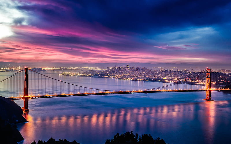Golden Gate Bridge, San Francisco, evening, sunset, bridge, panorama, San Francisco cityscape, California, USA, HD wallpaper