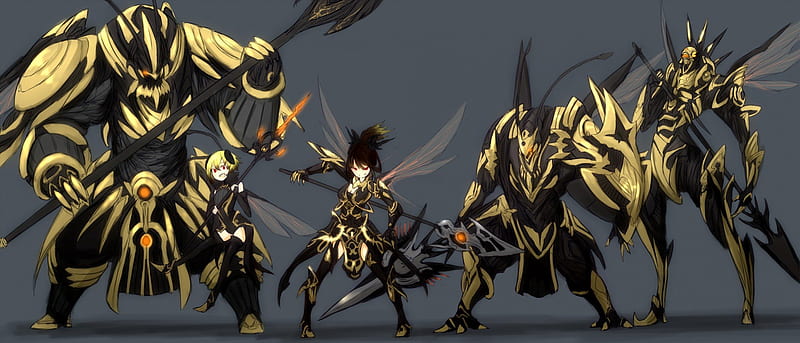The Queen and her warriors, female, wings, brown hair, anime girls, blond hair, bees, warriors, cool, anime, monster, weapon, long hair, red eyes, knight, HD wallpaper