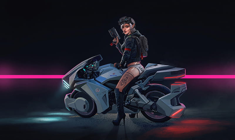 Cyberpunk Girl Bike, artist, artwork, artstation, HD wallpaper