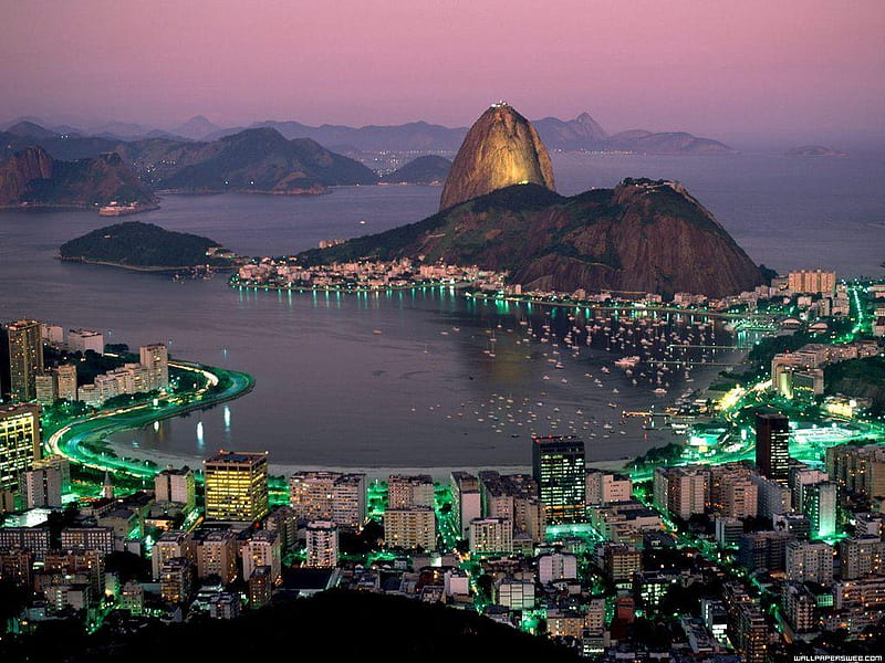 Rio de Janeiro at Night, transit, architeture, rio de janeiro, cities, pao de acucar, lights, night, HD wallpaper
