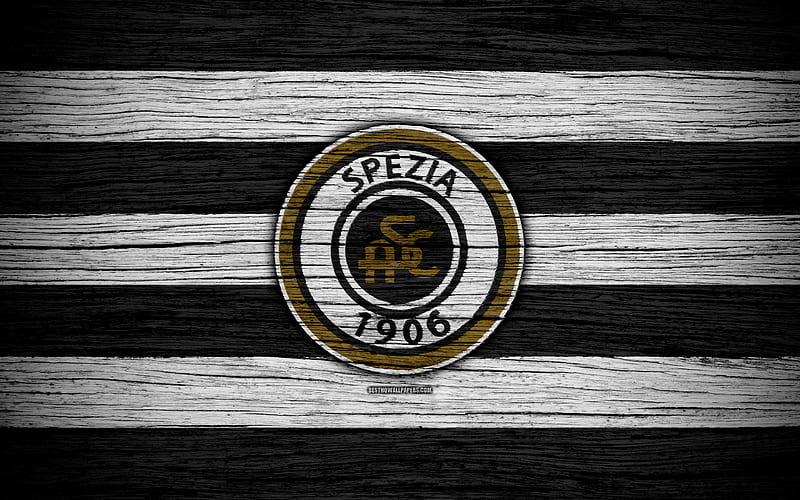 Spezia Calcio, Serie B football, wooden texture, white black lines, Italian football club, Spezia FC, logo, emblem, Spice, Italy, HD wallpaper