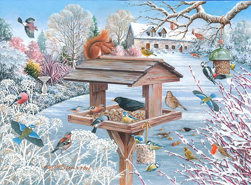 Crumbs of comfort, art, squirrel, bird, keith stapleton, painting, pictura, winter, HD wallpaper