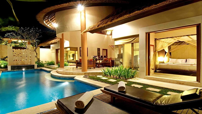 swimming pool evening villa-High quality, HD wallpaper