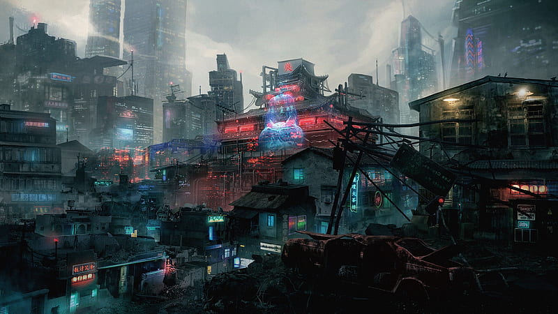 futuristic asian building, neon city, skyscrapers, Sci-fi, HD wallpaper