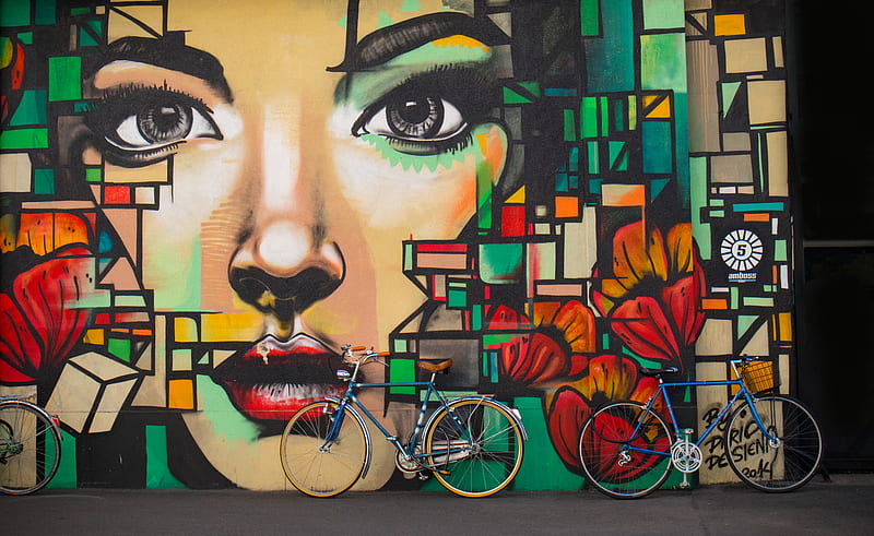 two blue cruiser bicycles on graffiti wall, HD wallpaper