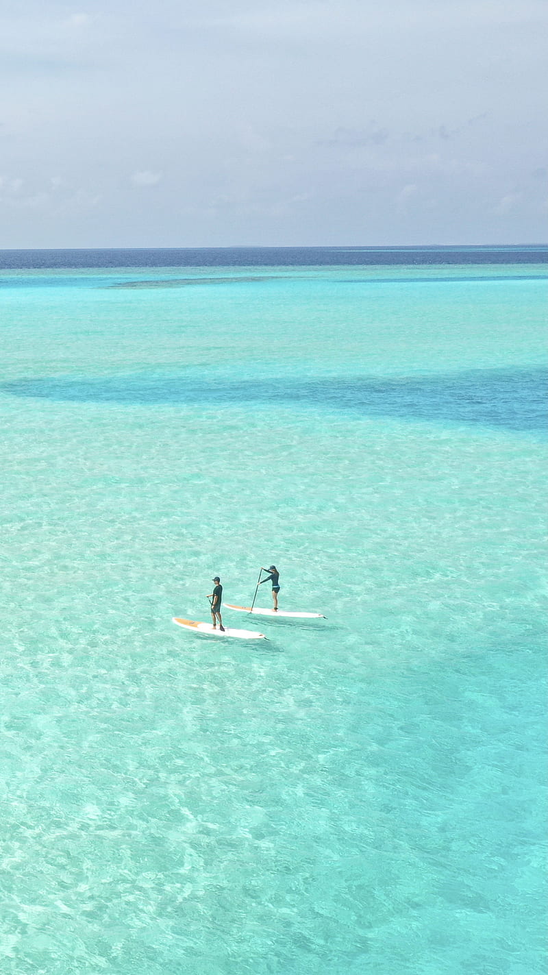 Crystal Clear Lagoon, beach, maldives, ocean, paddleboard, summer trending popular live nature blues sky clouds, sup, HD phone wallpaper