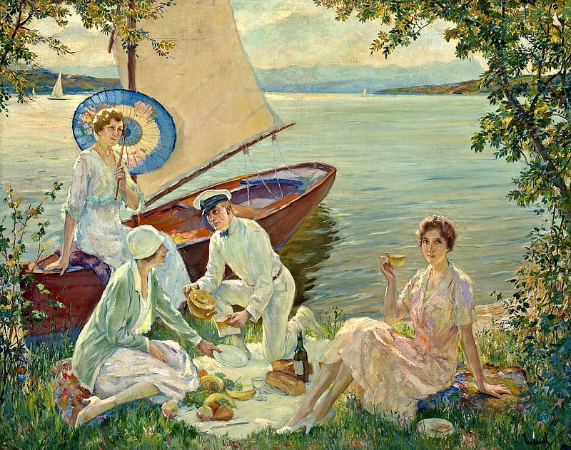Luncheon at Waters Edge, art, edward cucuel, umbrella, woman, boat, waters edge, people, painting, summer, luncheon, pictura, HD wallpaper