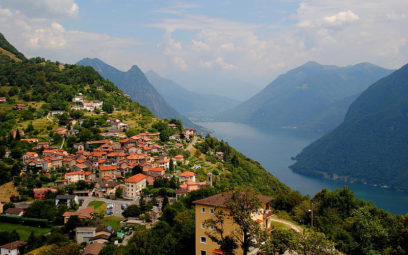 Lugano, swiss city, mountain landscape, lake, cityscape, Ticino, Switzerland, HD wallpaper