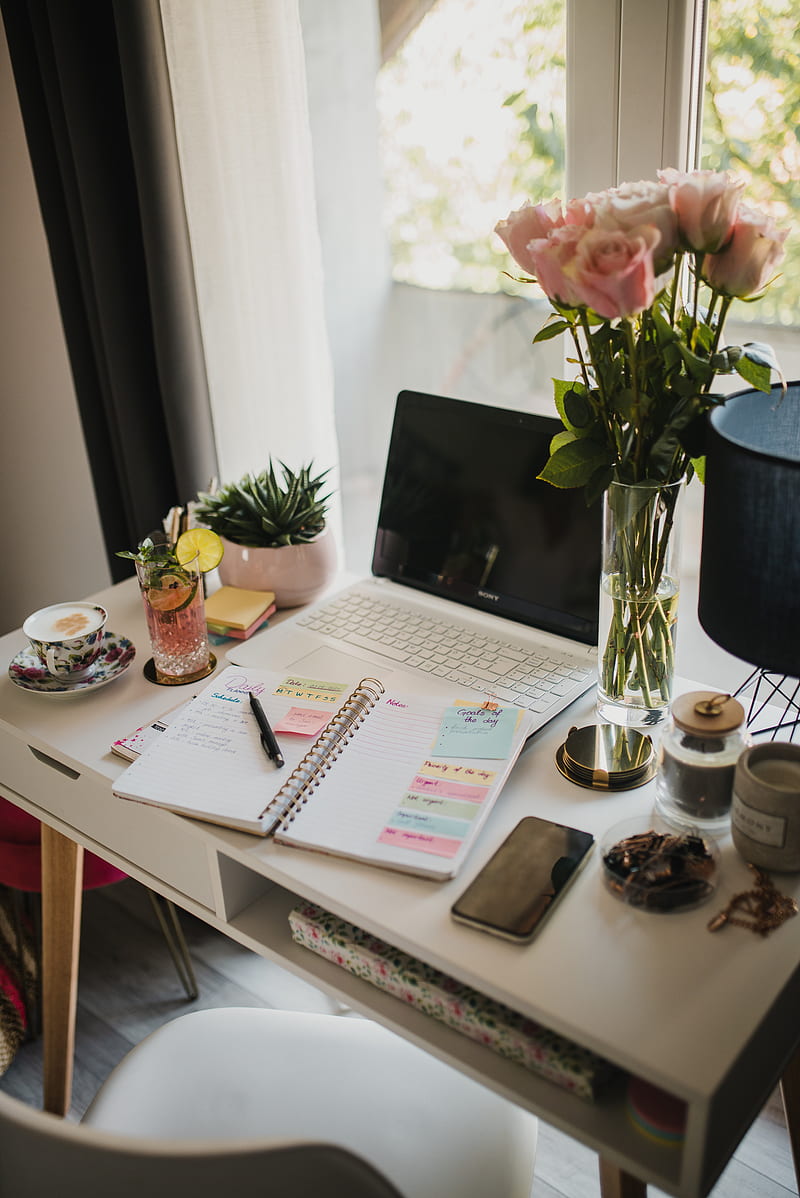 table, laptop, notepad, flowers, aesthetics, HD phone wallpaper