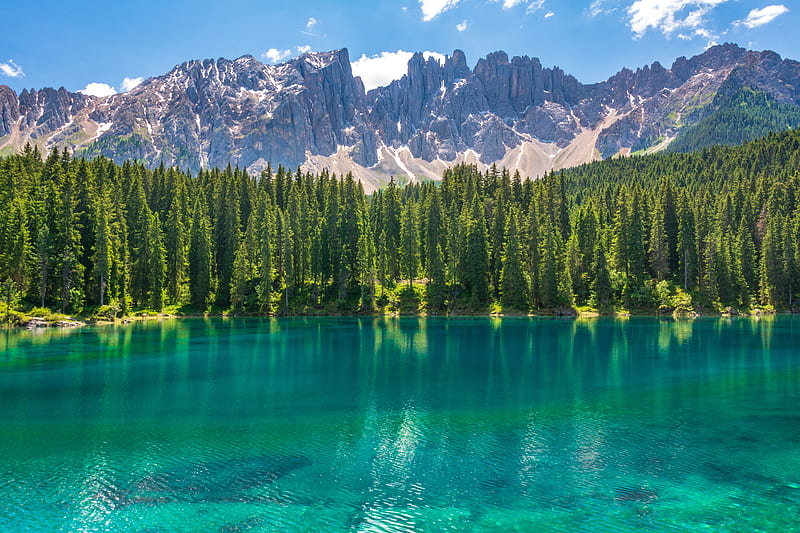 italy, karersee lake, dolomites, trees, scenic, reflection, clean water, Nature, HD wallpaper