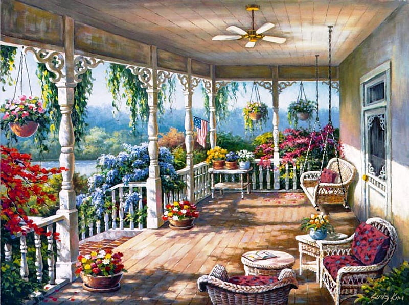 Porch, architecture, an welcoming place, comfort, rocking chair, colors, home, sunny, flower shrubs, armchairs, painting, summer, flowers, beauty, nature, HD wallpaper
