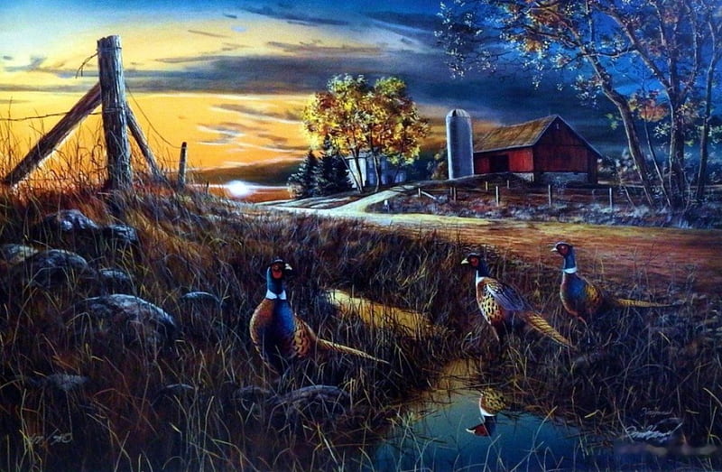 Roadside, fence, autumn, sunset, sky, artwork, barn, painting, fields, pheasants, HD wallpaper