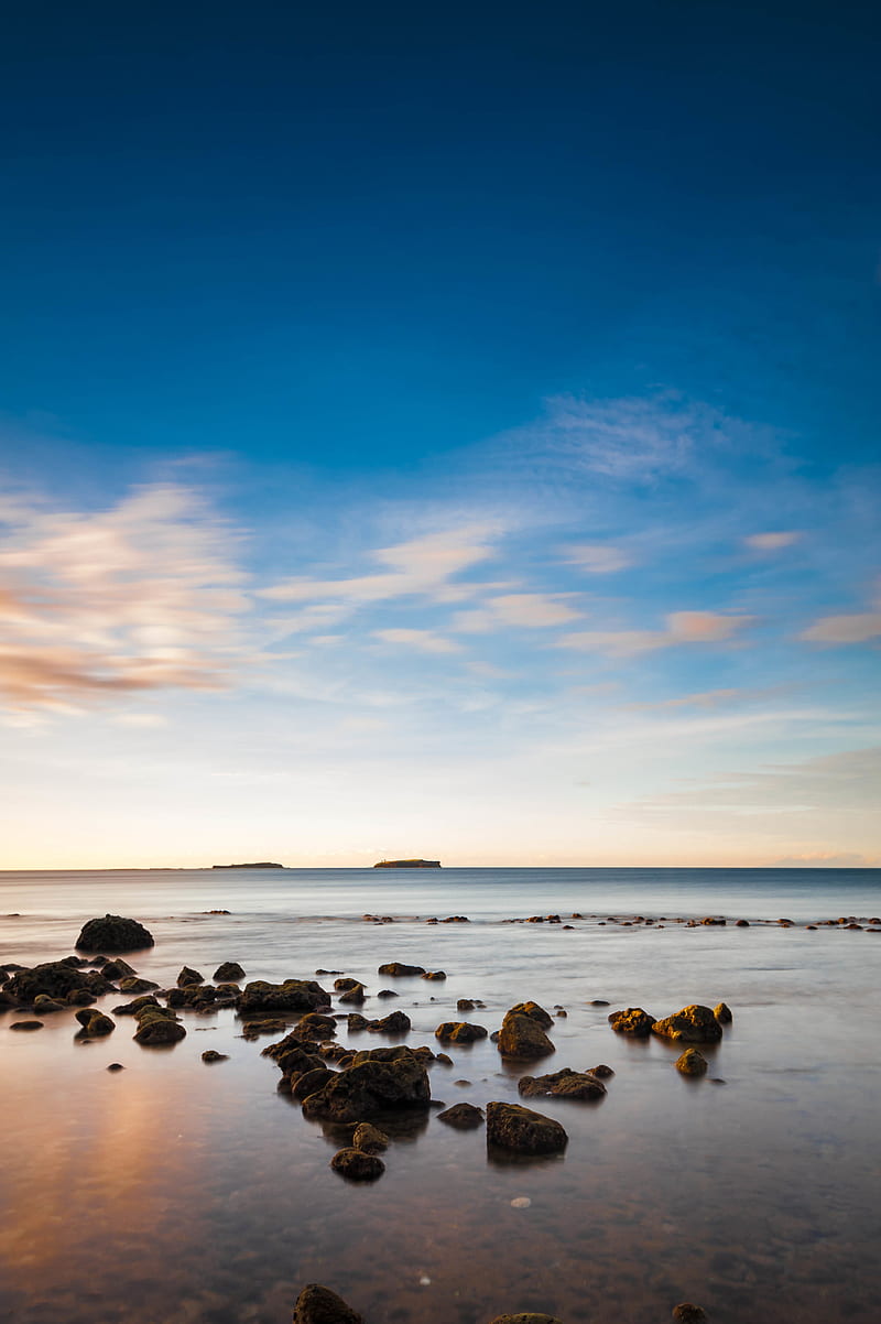 stones, sea, horizon, sky, clouds, HD phone wallpaper