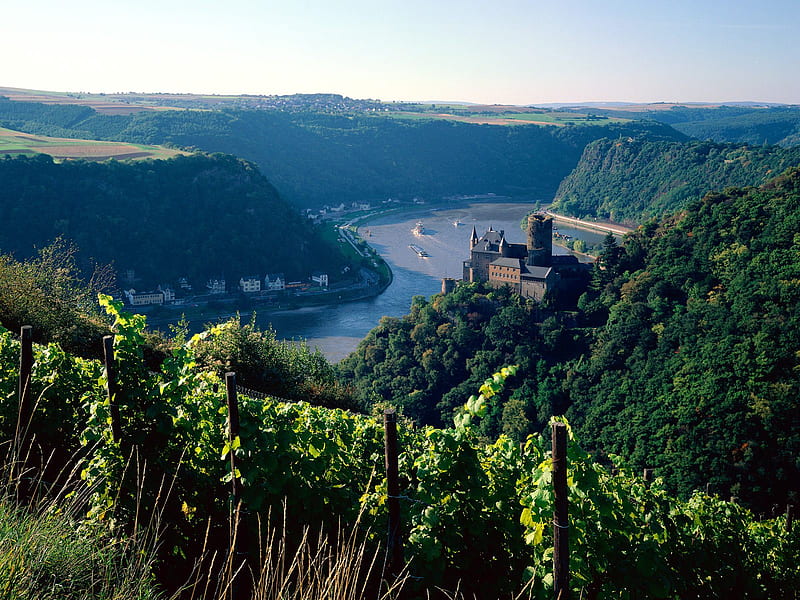Burg Katz Above the-Rhine, river, germany, mountains, HD wallpaper