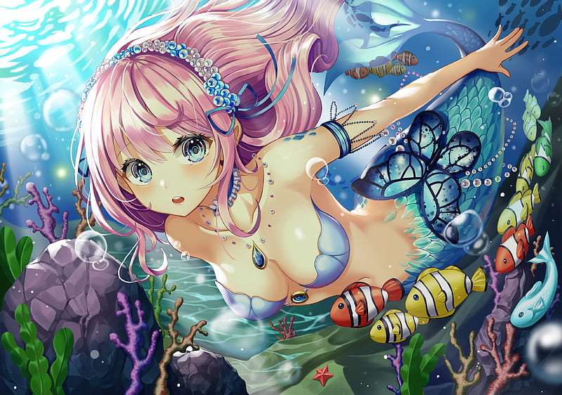 Mermaid, manga, siren, fish, peste, girl, butterfly, anime, gongha, pink, blue, HD wallpaper