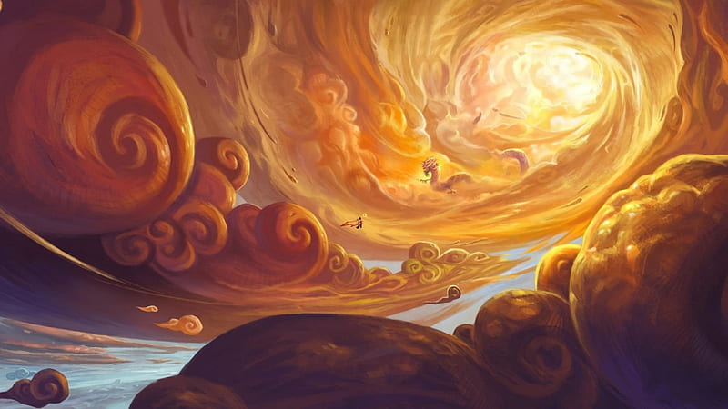Dragon realm, art, cloud, luminos, orange, yellow, sky, dragon, fantasy, heaven, HD wallpaper