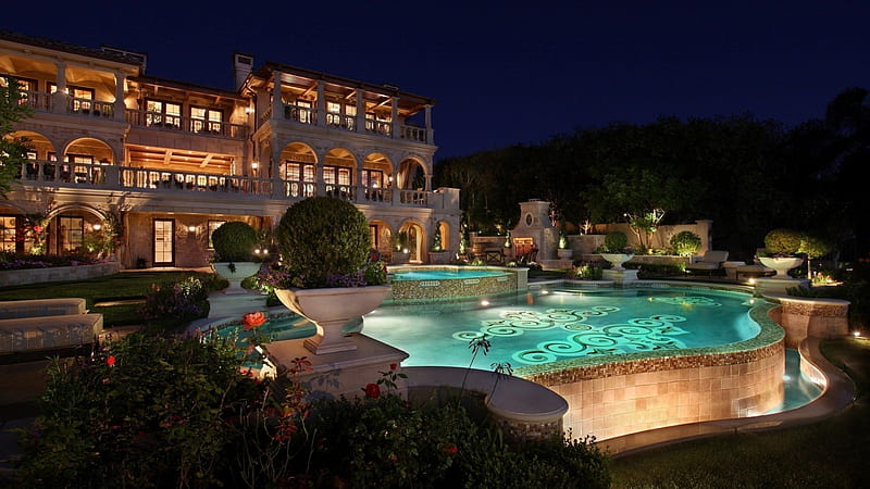 gorgeous mansion backyard, mansion, garden, pool, backyard, lights, night, HD wallpaper