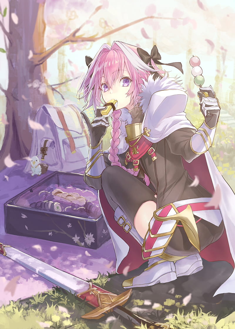 Fate Series, Fate/Apocrypha , anime boys, hair in face, black stockings, sword, armor, gauntlets, glutes, dango, femboy, garter straps, zettai ryouiki, cape, looking at viewer, purple eyes, bicolored hair, black ribbons, 2D, white boots, squatting, pink hair, white hair, curvy, sakura (tree), spring, cherry blossom, Astolfo (Fate/Apocrypha), FGO, anime, fan art, Fate/Grand Order, HD phone wallpaper