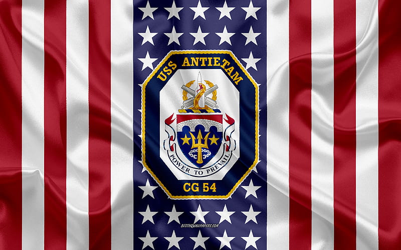 USS Antietam Emblem, CG-54, American Flag, US Navy, USA, USS Antietam Badge, US warship, Emblem of the USS Antietam, HD wallpaper