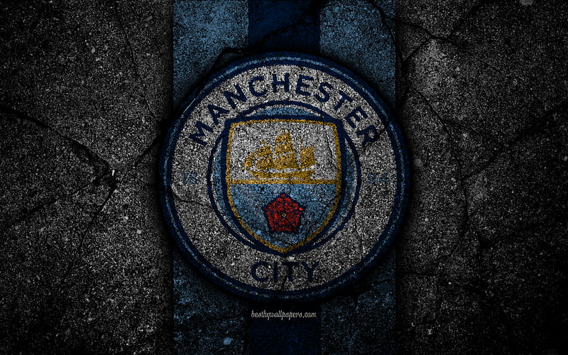 Manchester City FC logo, Premier League, grunge, England, Man City, asphalt texture, Manchester City, black stone, soccer, football, FC Manchester City, HD wallpaper