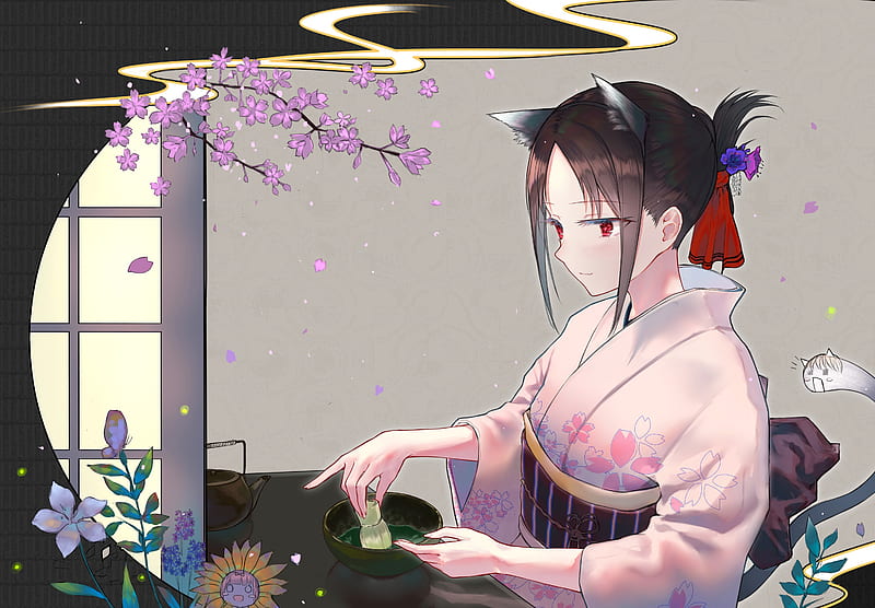 kaguya-sama wa kokurasetai, shinomiya kaguya, kimono, brown hair, animal ears, Anime, HD wallpaper