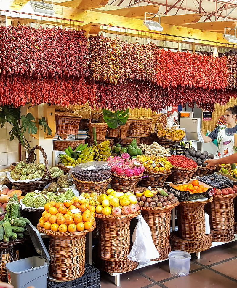 Madeira Market, fruit, vegetables, fruits, foods, market stall, chili, colours, vibrant, HD phone wallpaper