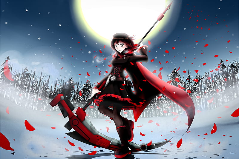 Boots Brown Hair Cape Corset Cross Flowers Moon Night Pantyhose Petals Rose Ruby Rose Rwby Scythe Signed Skirt Snow Ssgt Lulz Weapon Winter. Anime, HD wallpaper