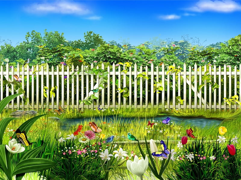 Garden Flowers, pond, fence, painting, birds, blossoms, butterflies,  artwork, HD wallpaper | Peakpx