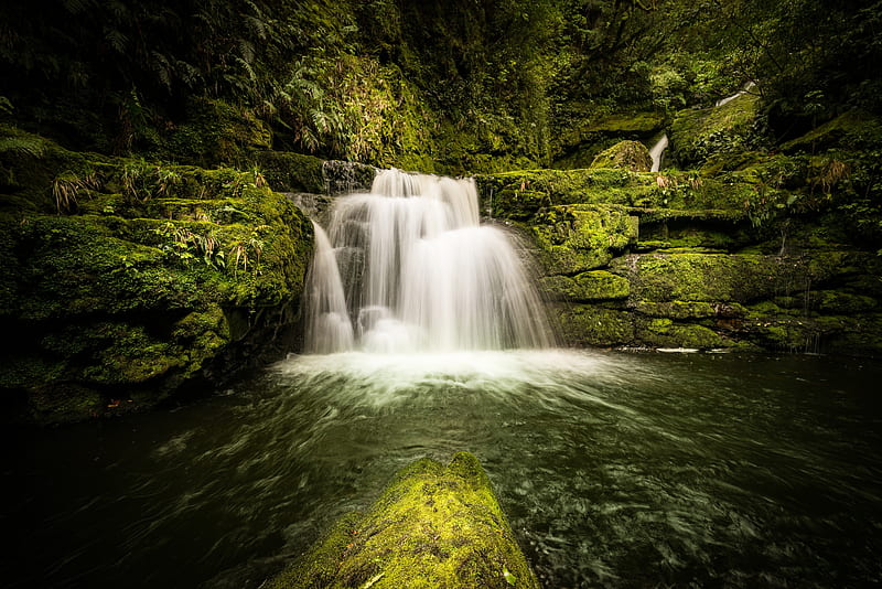 Waterfalls, Waterfall, Moss, Nature, New Zealand, HD wallpaper