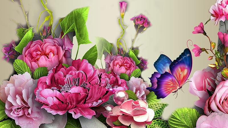 Many Pinks, Firefox theme, rose, spring, peonies, butterfly, summer, flowers, garden, pink, HD wallpaper