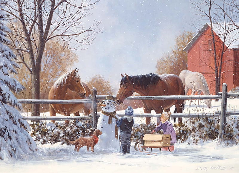 Frosty's friends, child, snowman, horse, pictura, iarna, winter, art, fence, barn, painting, dog, HD wallpaper
