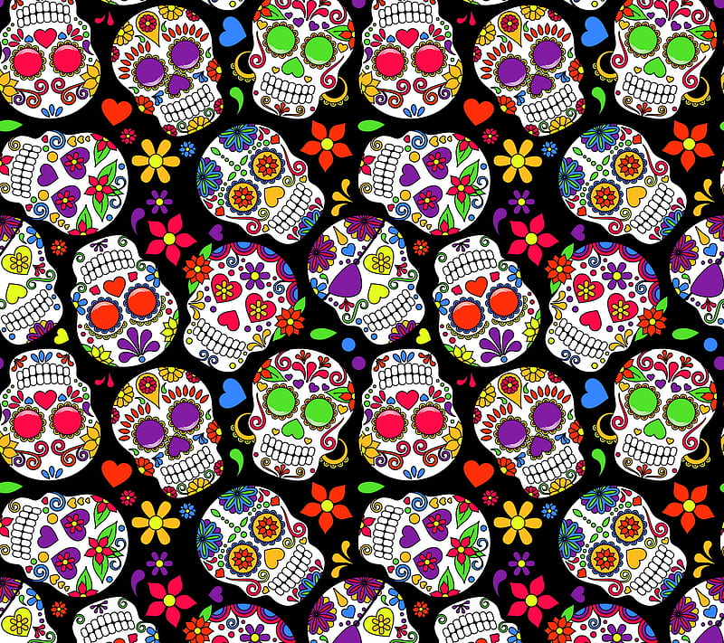 Flower Skulls, abstract, art, colorful, flowers, skulls, HD wallpaper
