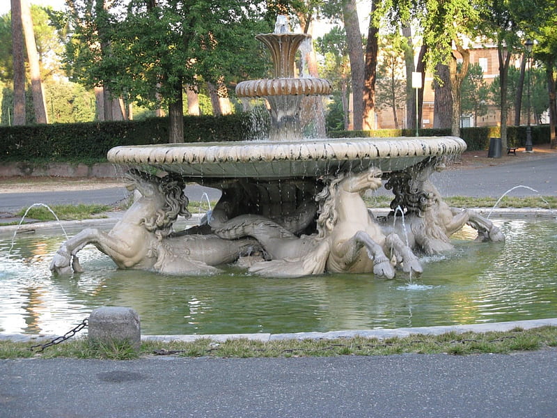 Fontana dei Cavalli Marini - Villa Borghese - Rome, fountain, rome, horse, tree, monument, water, green, statue, stone, vila borghese, fontana dei cavalli marini, italy, HD wallpaper