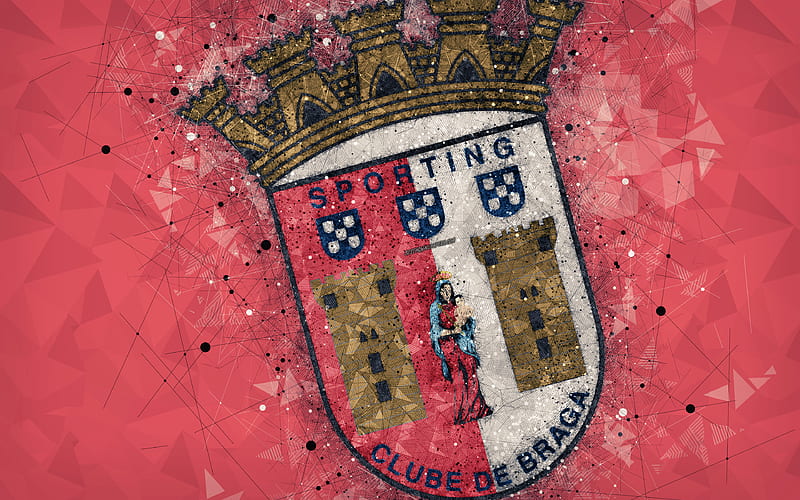 SC Braga geometric art, logo, Portuguese football club, emblem, red background, Primeira Liga, Braga, Portugal, football, creative art, Braga FC, HD wallpaper