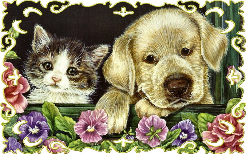 Friends - Cat and Dog F1, art, cat, artwork, canine, animal, pet, feline, painting, wide screen, kitten, puppy, dog, HD wallpaper