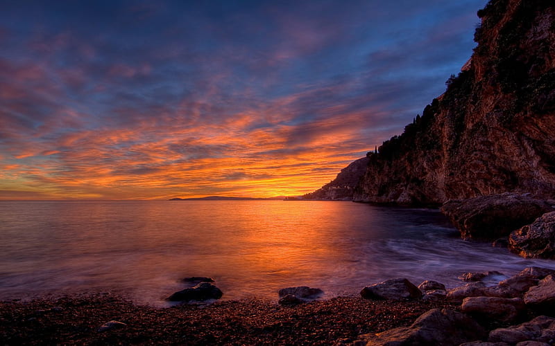 beautiful sunset on seacoast cliffs, rocks, cliffs, sunset, coast, sea, HD wallpaper