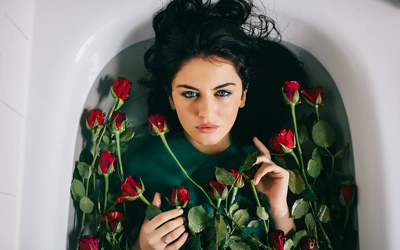 Aurela-Skandaj, hair, water, rose, bathtub, Model, HD wallpaper
