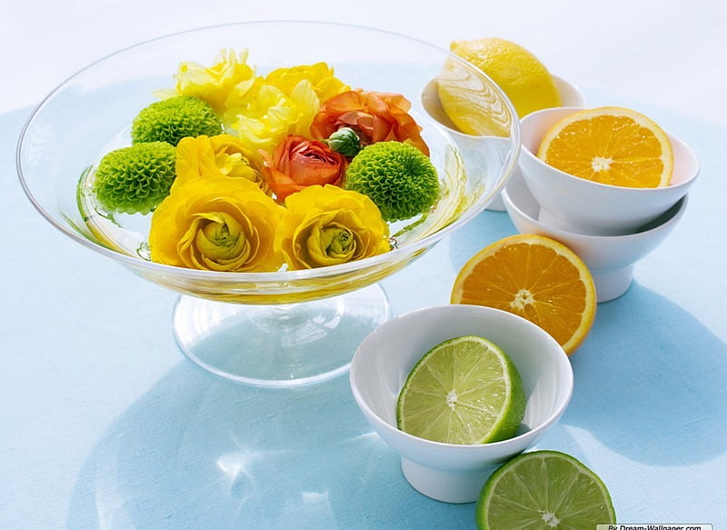 Citrus Colours, orange, china, lemon, bowls, lime, fruit, glass, flowers, blooms, bowl, HD wallpaper
