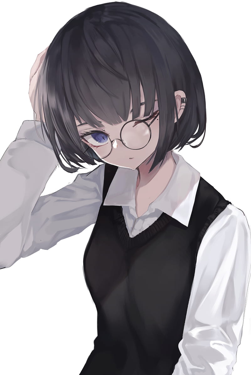 anime, anime girls, digital art, artwork, 2D, portrait display, vertical, Ogami Ren, short hair, black hair, blue eyes, one eye closed, glasses, HD phone wallpaper