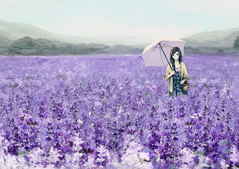Rainy Day, mountain, original, anime, flowers, umbrella, anime girl, sky, scenery, HD wallpaper